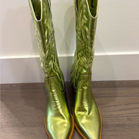 Green Metallic Cowgirl Western Cowboy Chunky Heeled Boots Size 8 - Picture 5 of 12